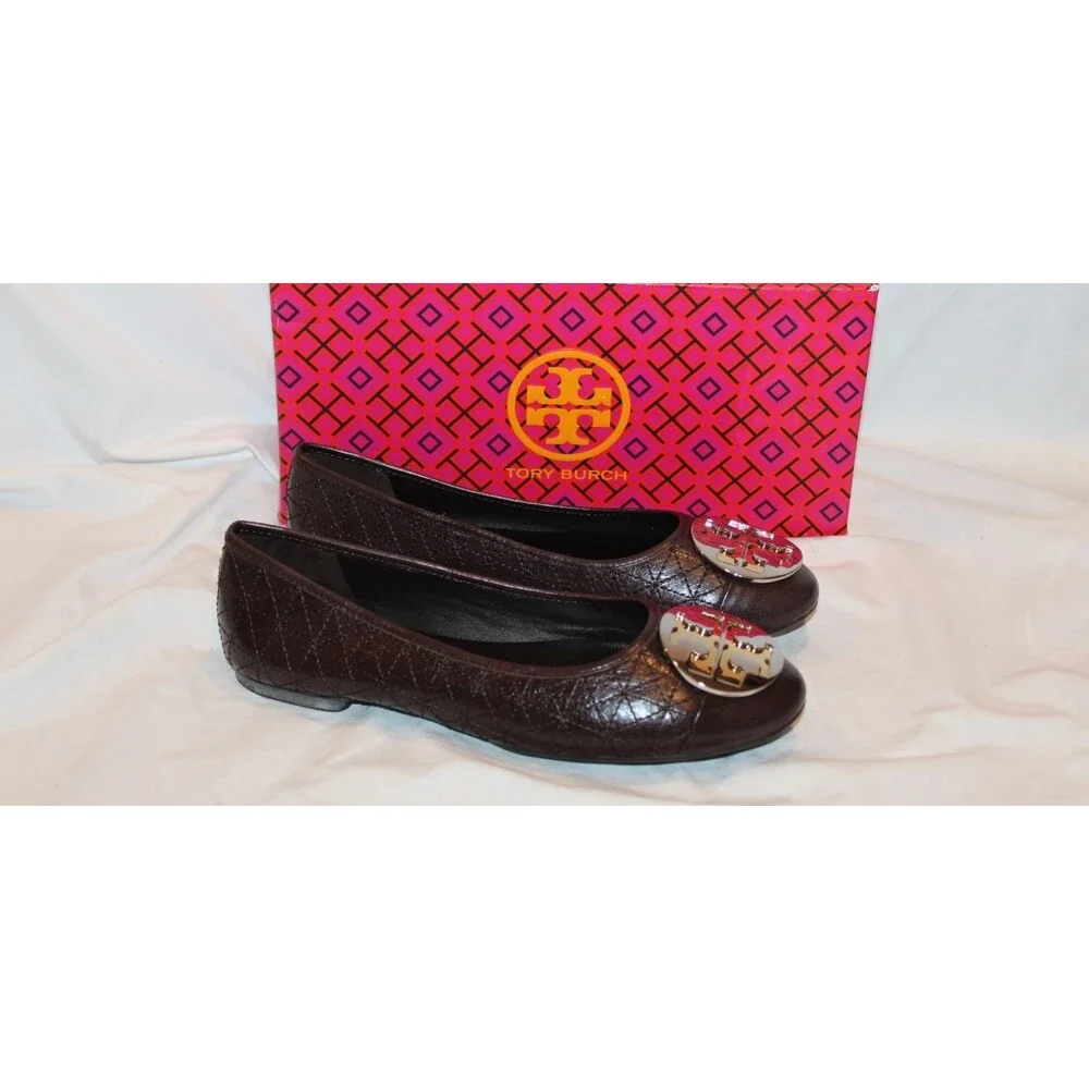 TORY BURCH WOMEN'S CLAIRE QUILTED NAPPA LEATHER BALLET FLATS BROWN 6.5